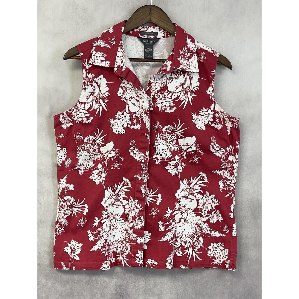 Van Heusen Sleeveless Button Up Shirt Women Large Floral Stretch Coastal Preppy